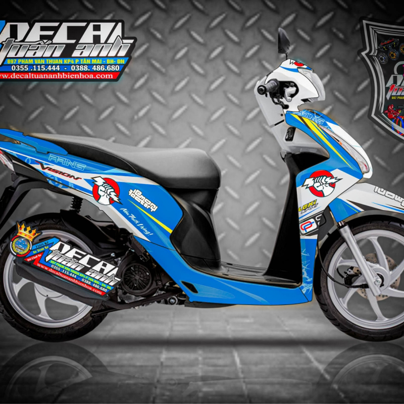 Tem trùm xe Vision 2014 xanh trắng