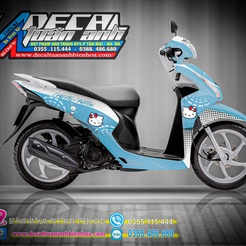 Tem trùm xe Vision 2014 Hello Kitty Xanh Trắng
